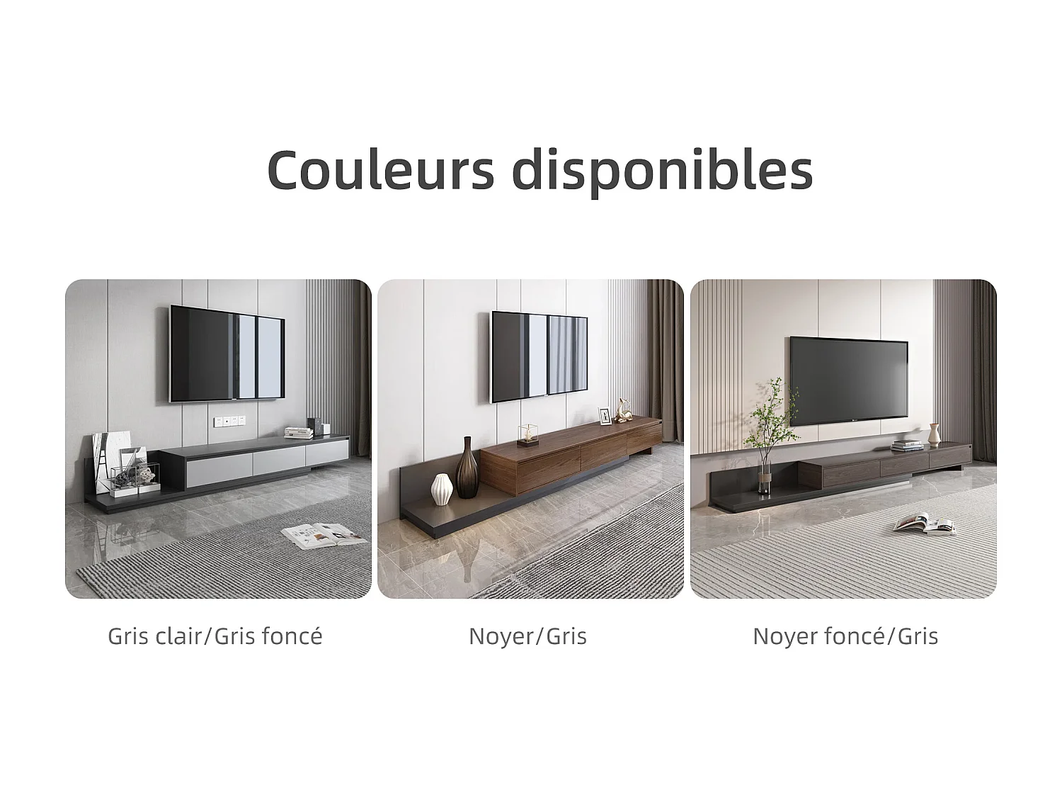 Meuble TV avec 3 tiroirs, Meuble TV Extensible, Meuble TV Ajustable de 200 cm à 330 cm, Meuble télé pour Salon ,Gris