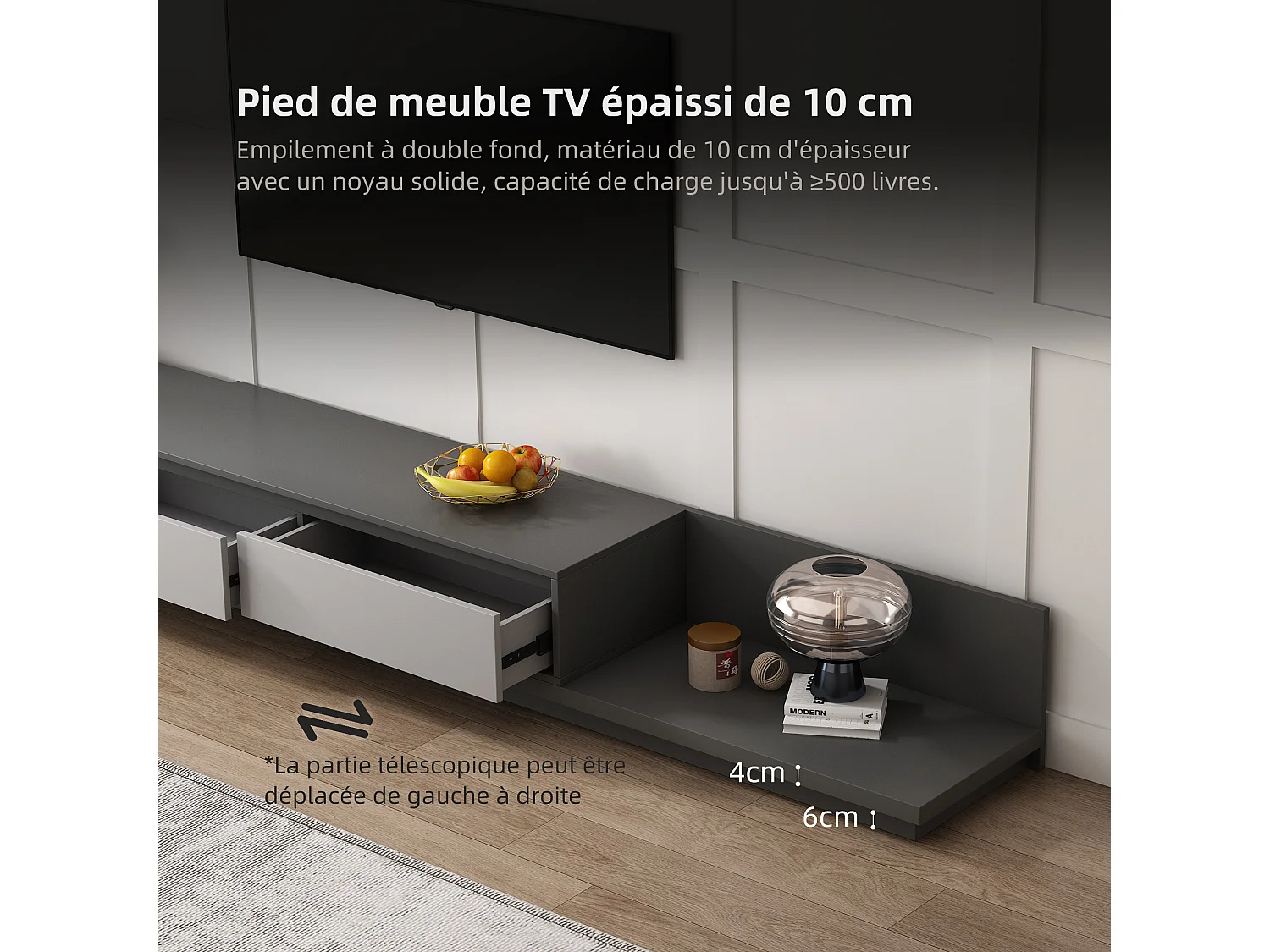 Meuble TV avec 3 tiroirs, Meuble TV Extensible, Meuble TV Ajustable de 200 cm à 330 cm, Meuble télé pour Salon ,Gris