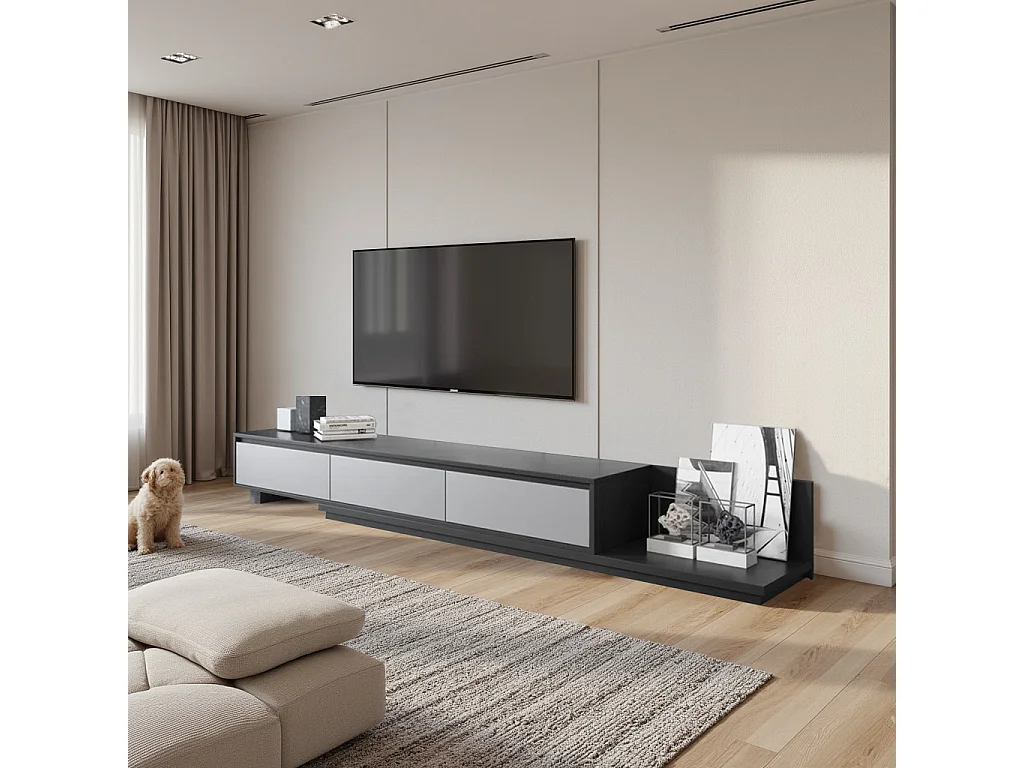 Meuble TV avec 3 tiroirs, Meuble TV Extensible, Meuble TV Ajustable de 200 cm à 330 cm, Meuble télé pour Salon ,Gris