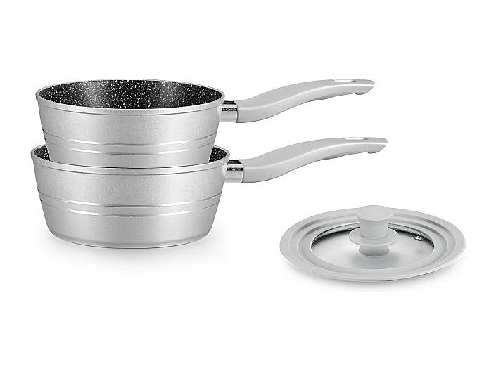 Set de 2 casseroles Ø 18/20 cm avec couvercle silicone universel - Revêtement effet marbre - Gris argenté
