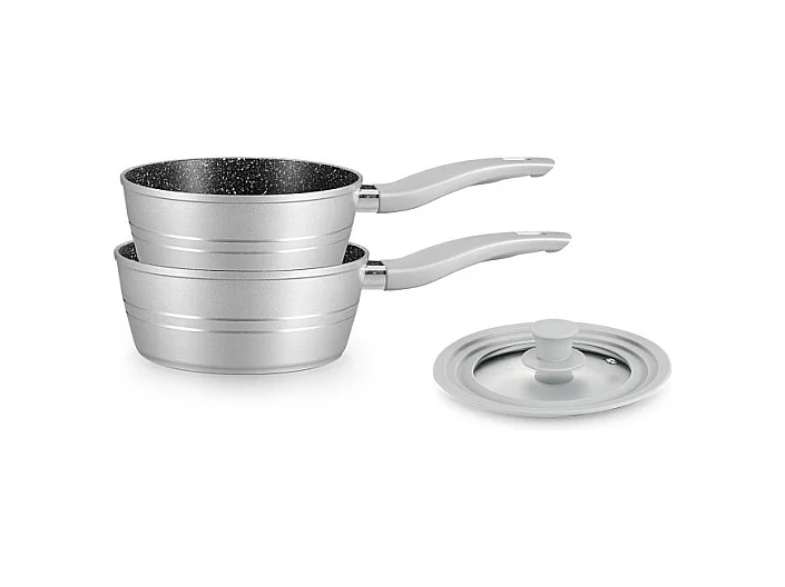 Set de 2 casseroles Ø 18/20 cm avec couvercle silicone universel - Revêtement effet marbre - Gris argenté
