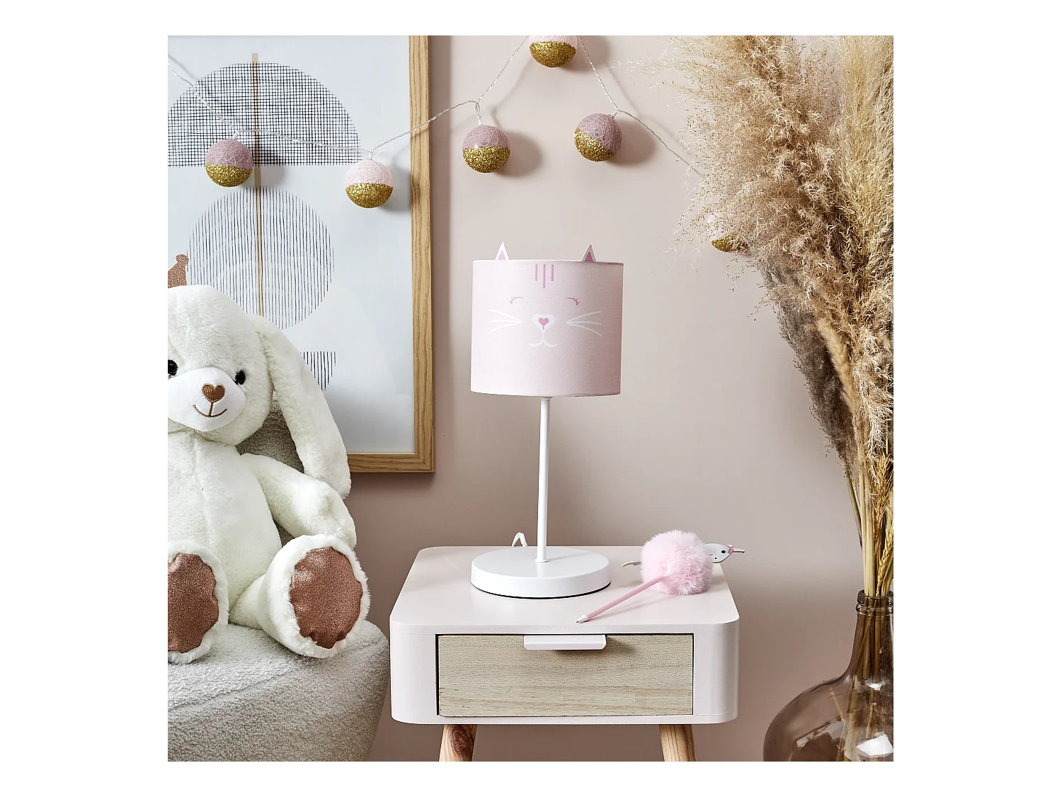 Lampe De Chevet Enfant Chat Et Ours Rose, Gris