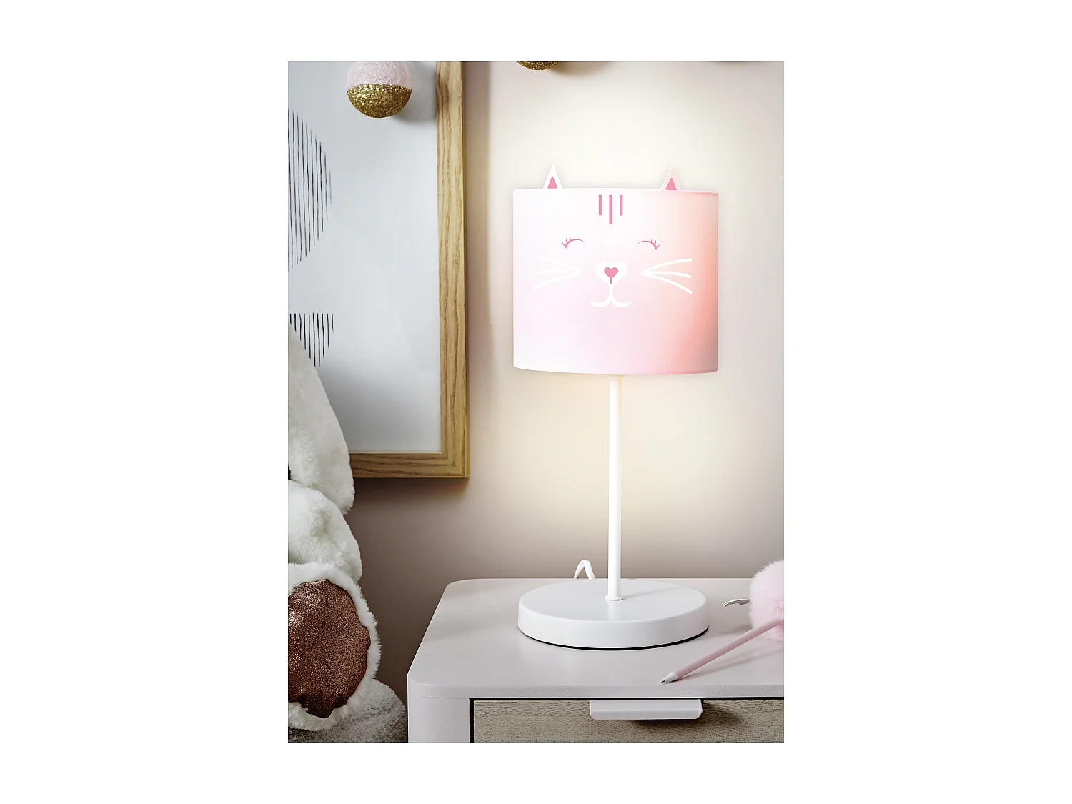 Lampe De Chevet Enfant Chat Et Ours Rose, Gris
