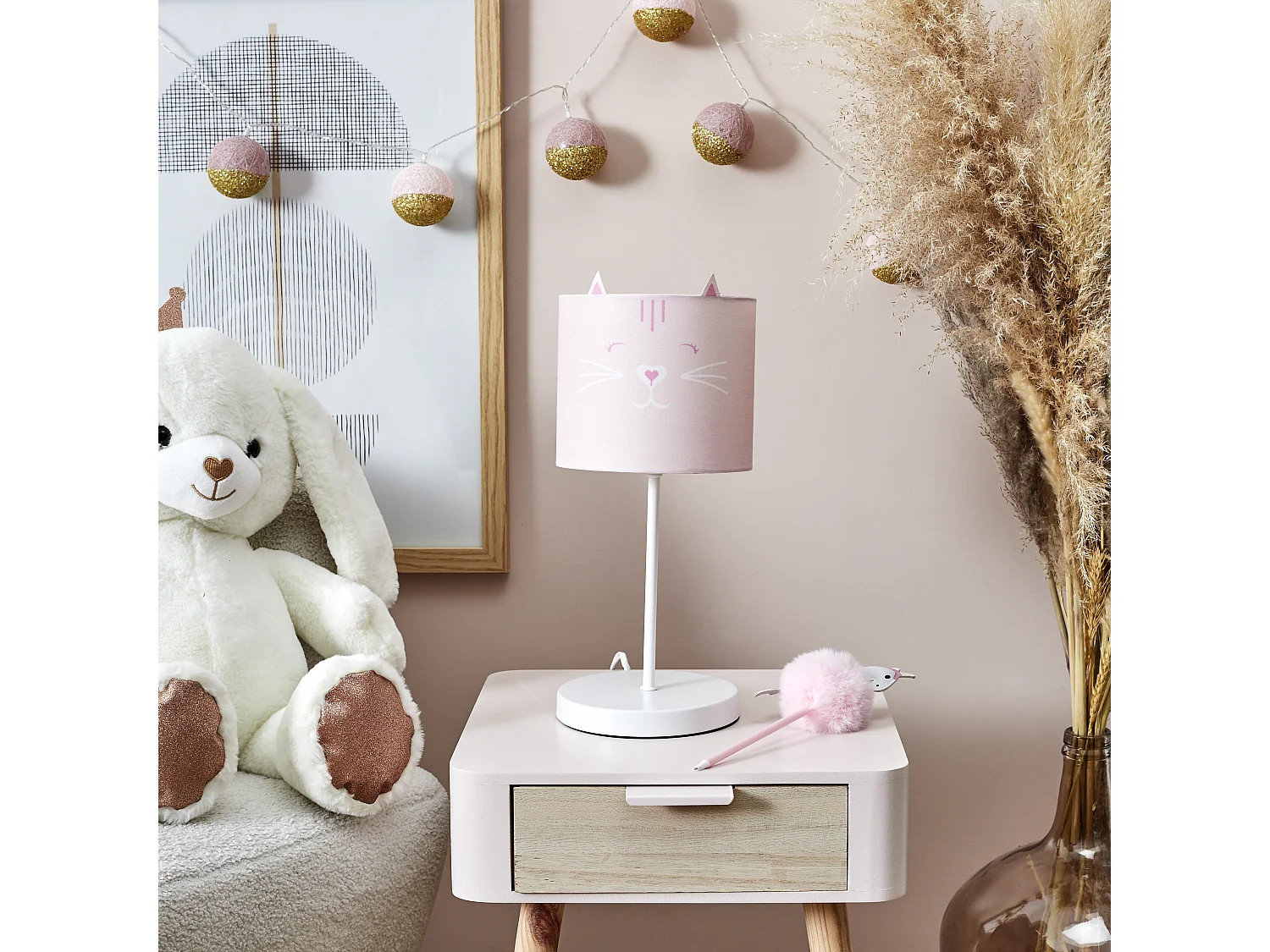 Lampe De Chevet Enfant Chat Et Ours Rose, Gris