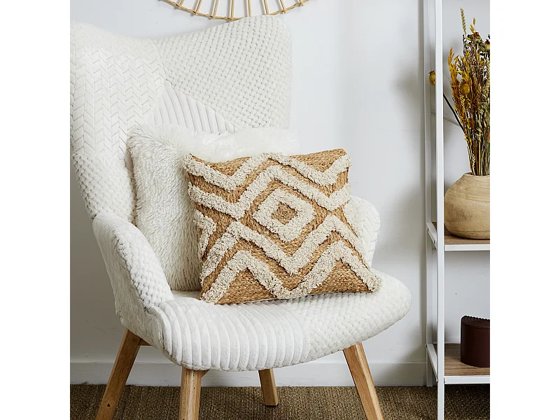 Coussin Jute Et Coton Tufte 40x40cm Beige