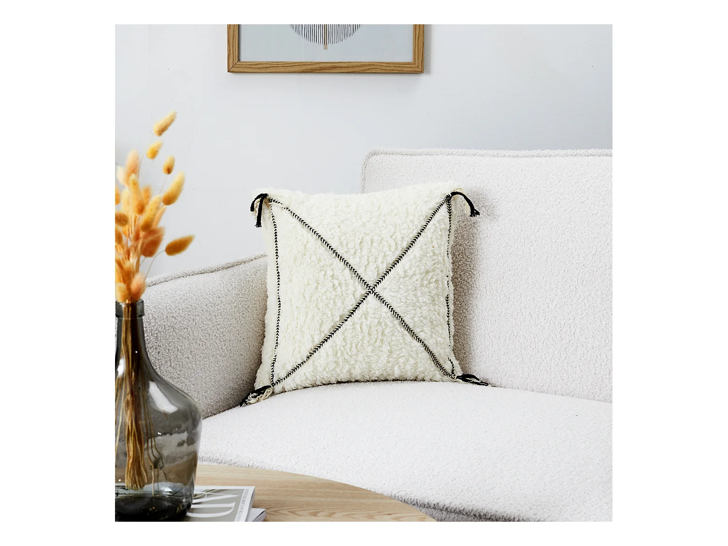 Coussin Sherpa Blanc Motif Triange 40x40cm Blanc