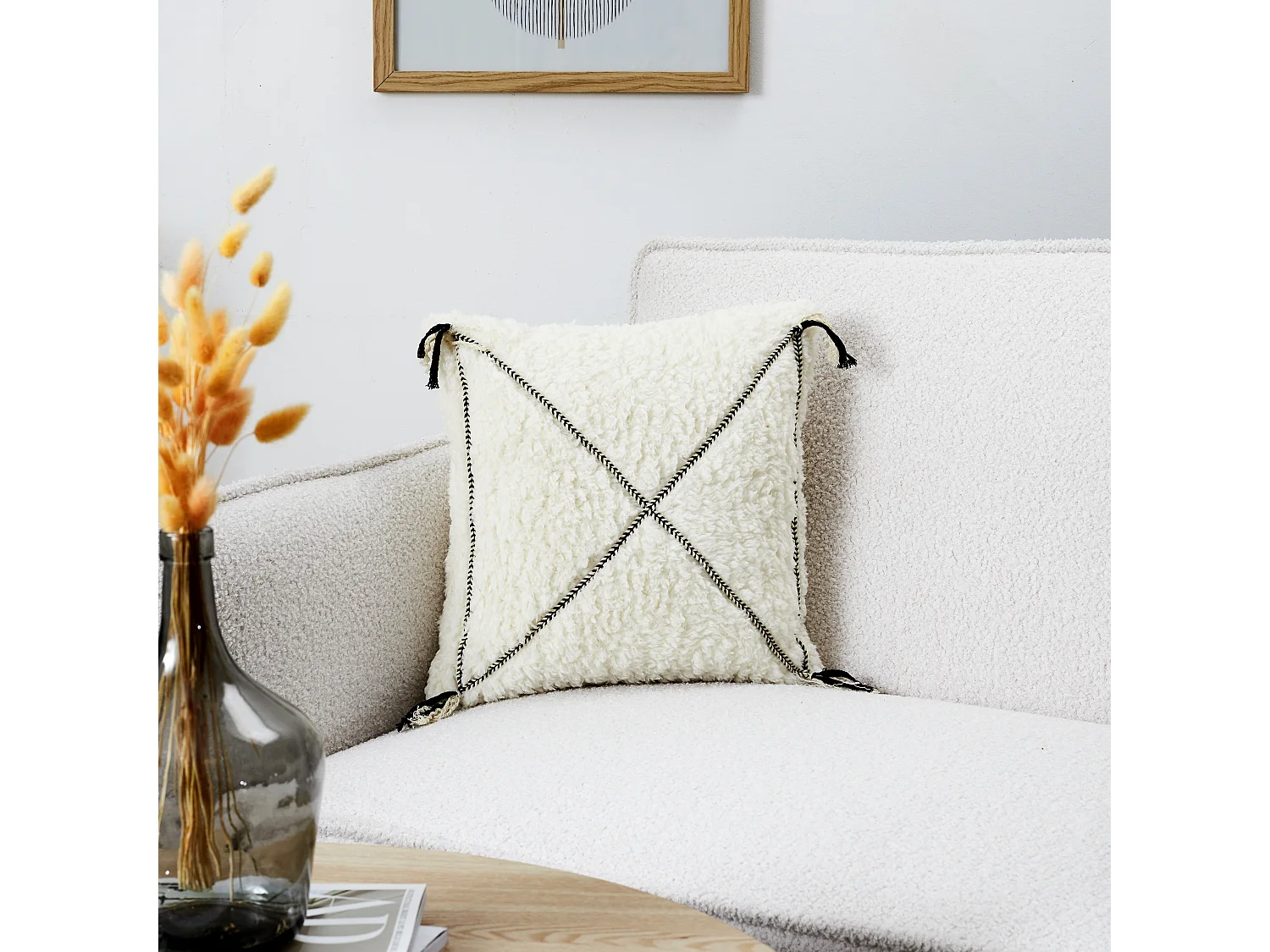 Coussin Sherpa Blanc Motif Triange 40x40cm Blanc
