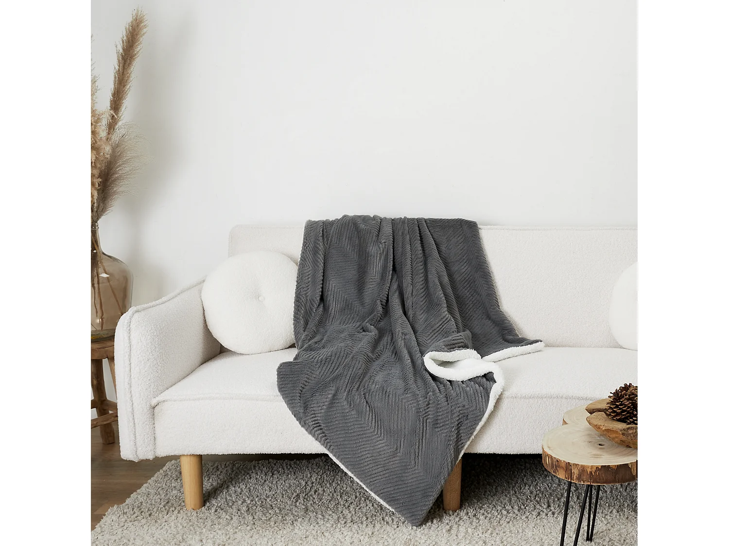 Plaid Imit Fourrure Gris Et Sherpa 140x200cm Gris