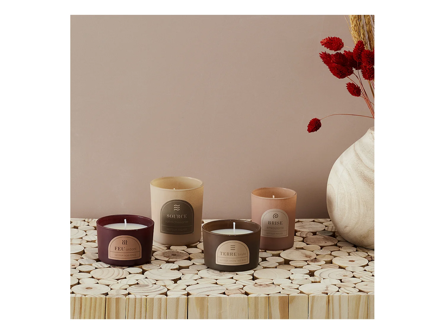 Bougie Parfumee X4 Coffret 4 Elements Beige, Marron