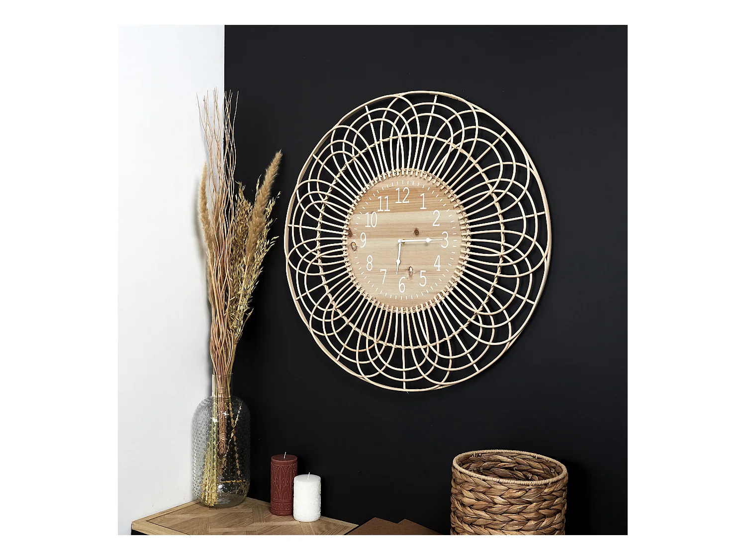 Horloge Rotin 70cm Beige, Blanc