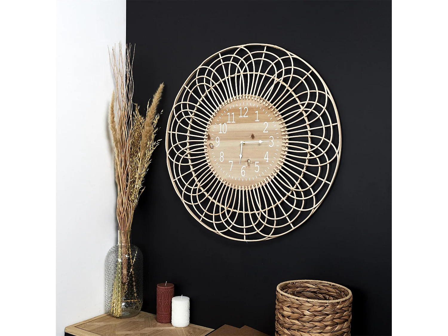 Horloge Rotin 70cm Beige, Blanc