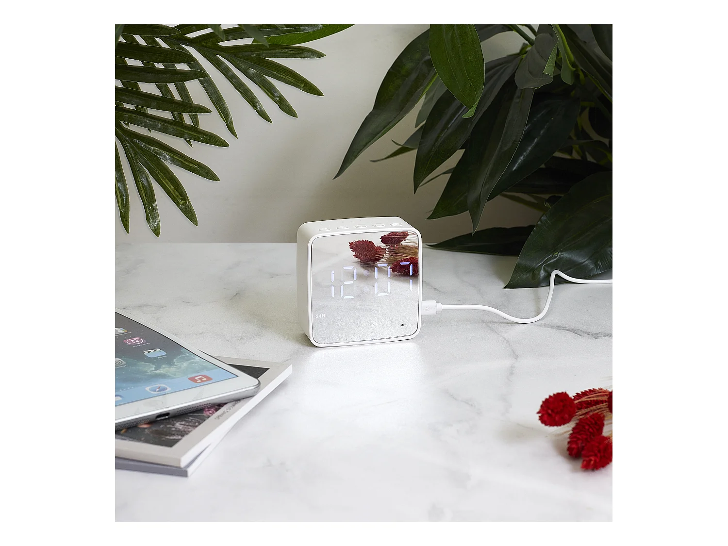 Reveil Miroir Enceinte Sans Fil 3w Blanc