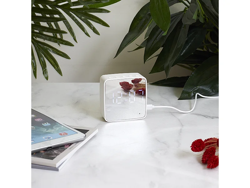 Reveil Miroir Enceinte Sans Fil 3w Blanc