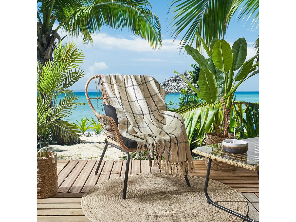 Plaid Coton Imprime Beige Et Noir 150x120cm Beige, Noir