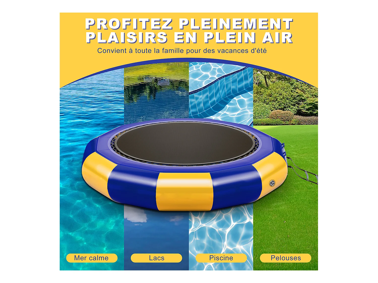 Trampolín acuático Oryxearth de 3,04 m, resistente, con escalera incluida, 100 kg (amarillo/azul).