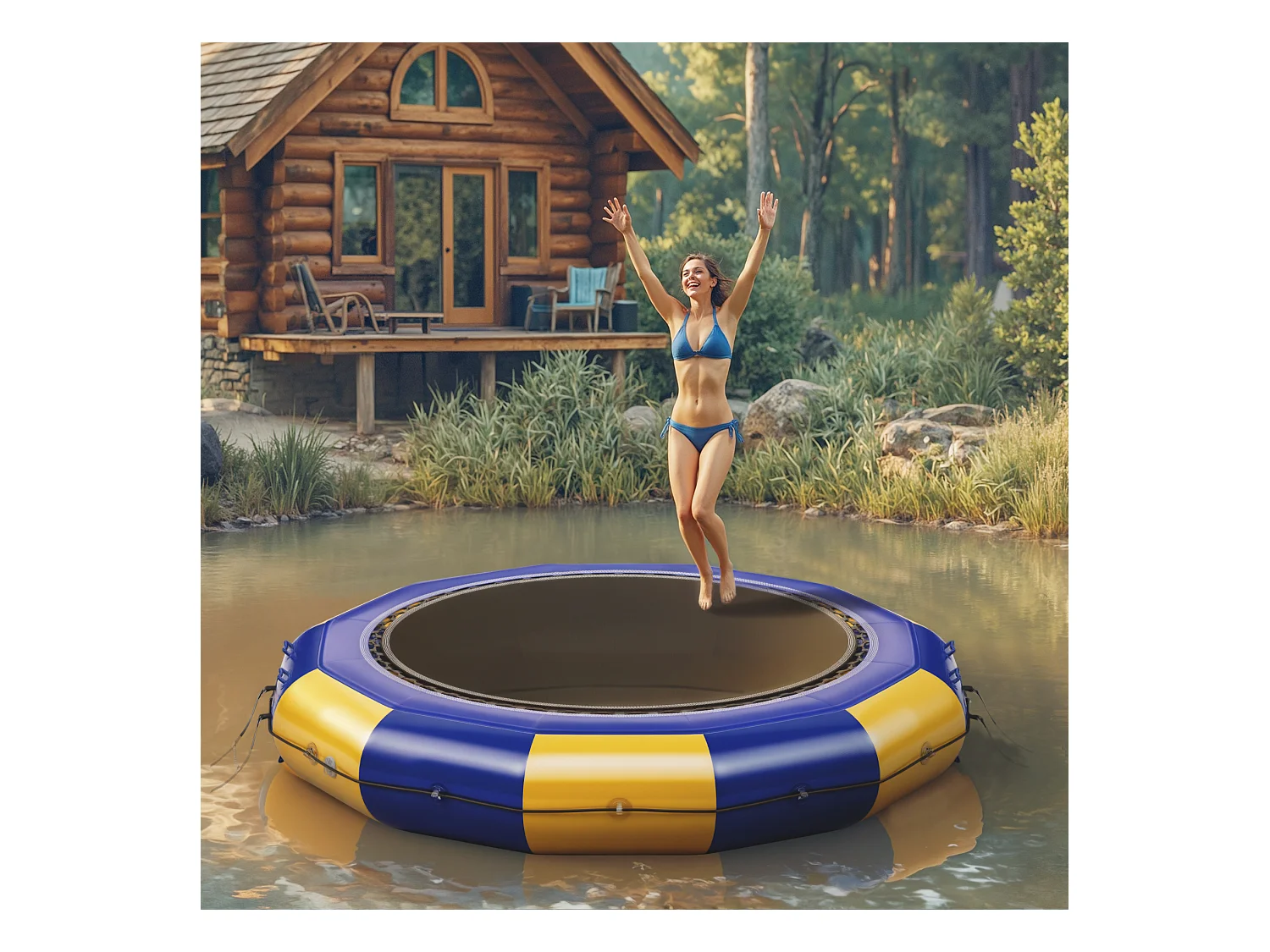 Trampolín acuático Oryxearth de 3,04 m, resistente, con escalera incluida, 100 kg (amarillo/azul).