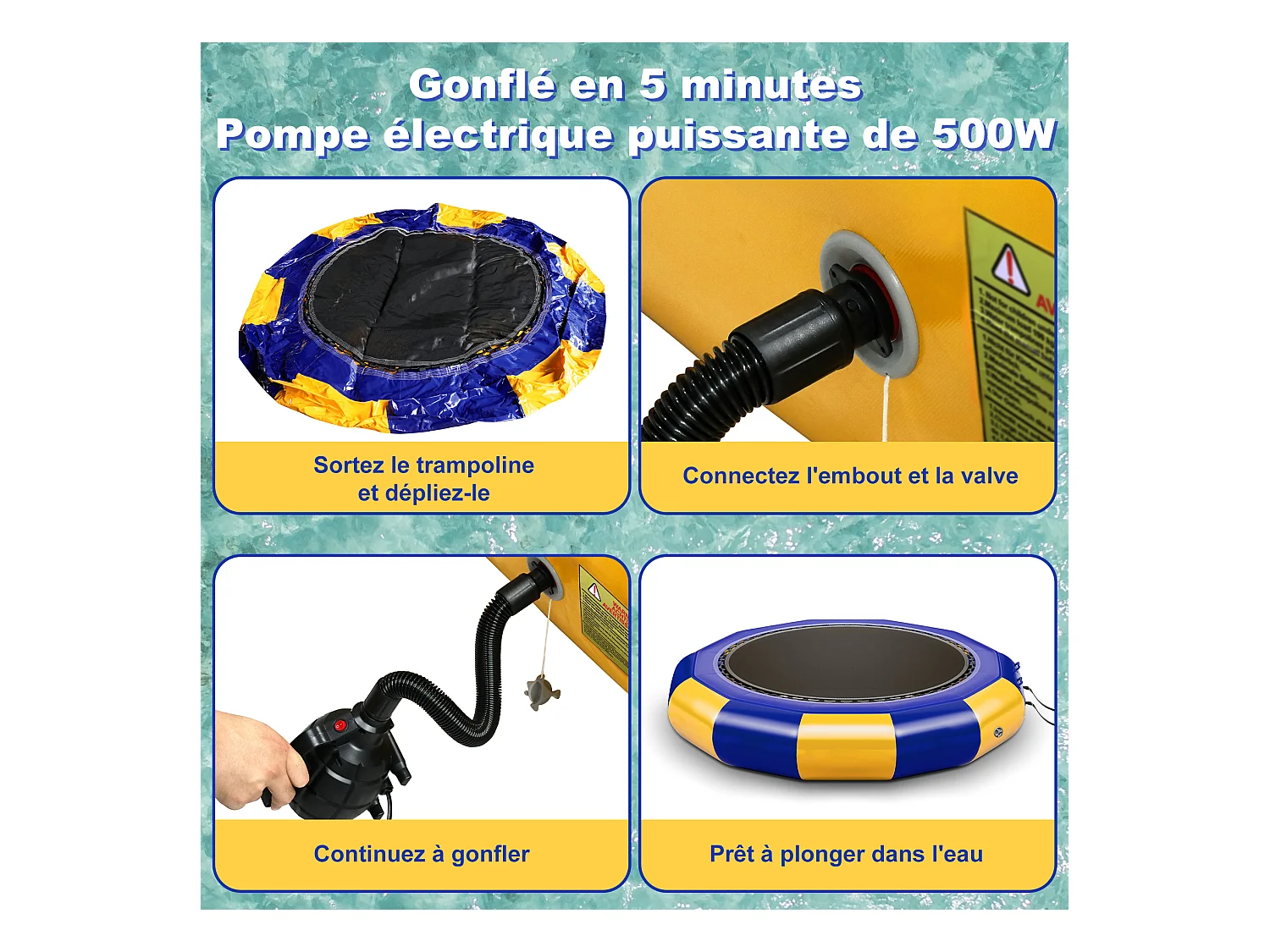 Trampolín acuático Oryxearth de 3,04 m, resistente, con escalera incluida, 100 kg (amarillo/azul).