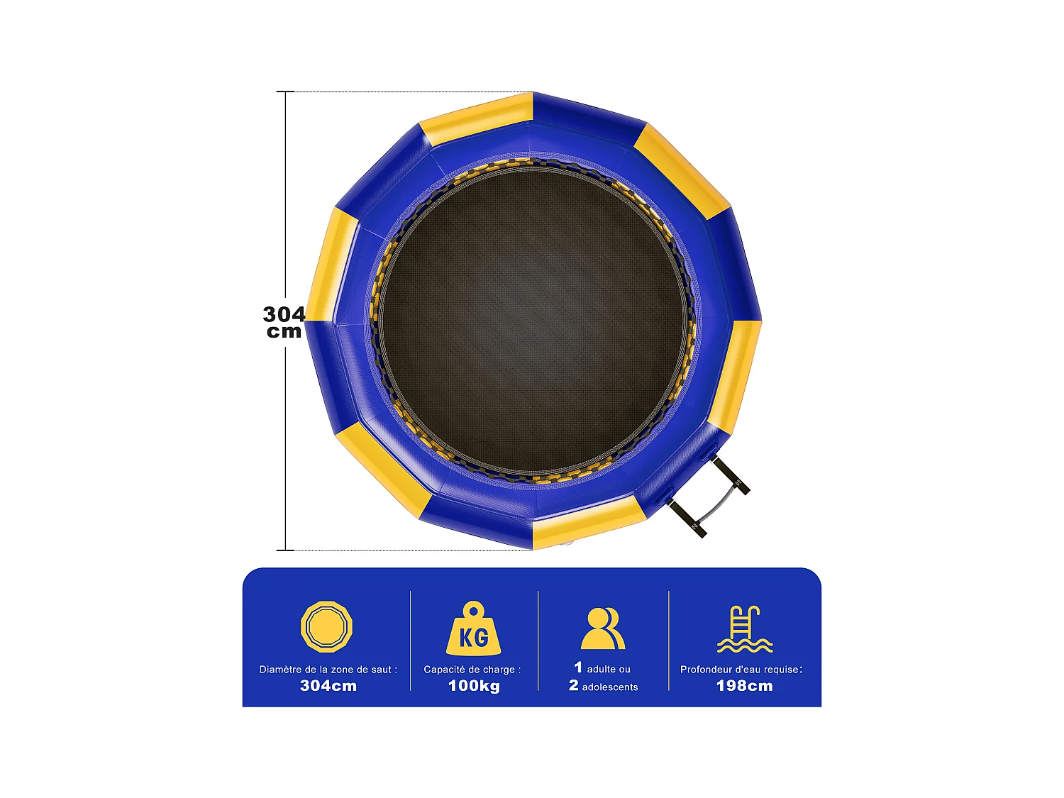 Trampolín acuático Oryxearth de 3,04 m, resistente, con escalera incluida, 100 kg (amarillo/azul).