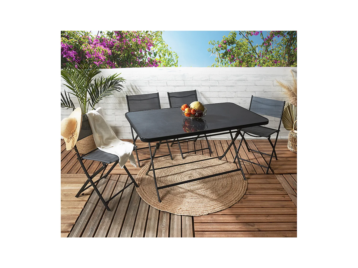 Table Pliante Effet Ardoise 4 Places Gris, Noir
