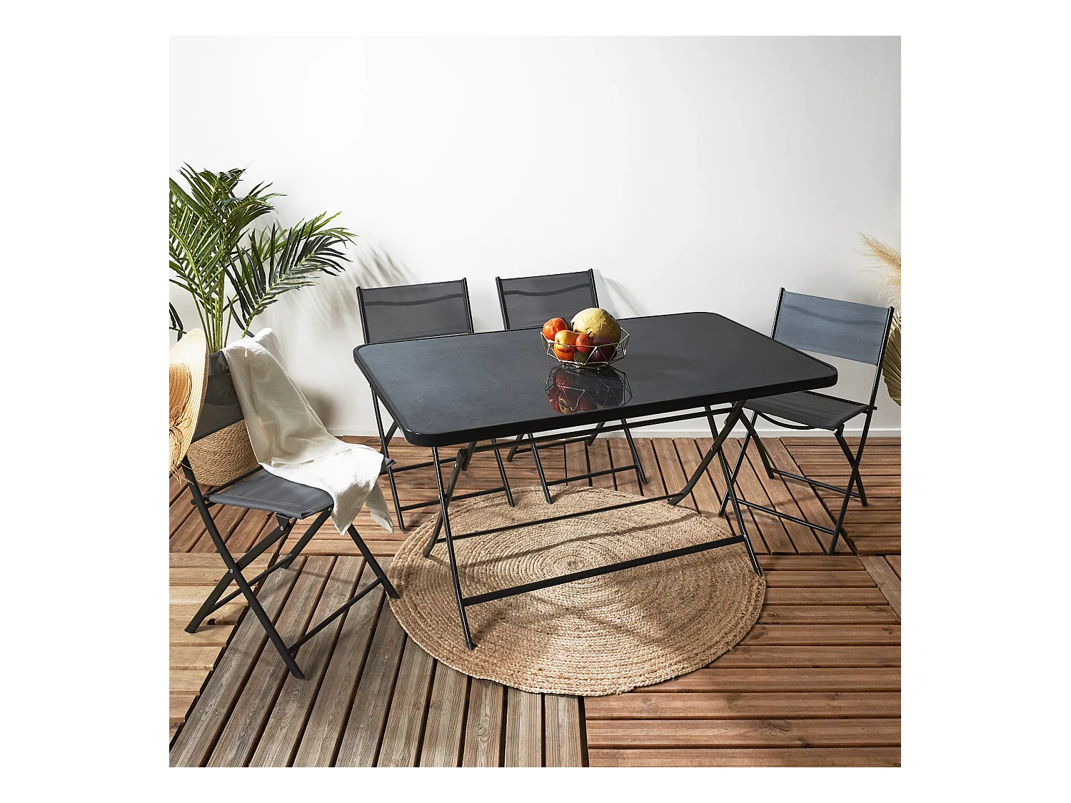 Table Pliante Effet Ardoise 4 Places Gris, Noir