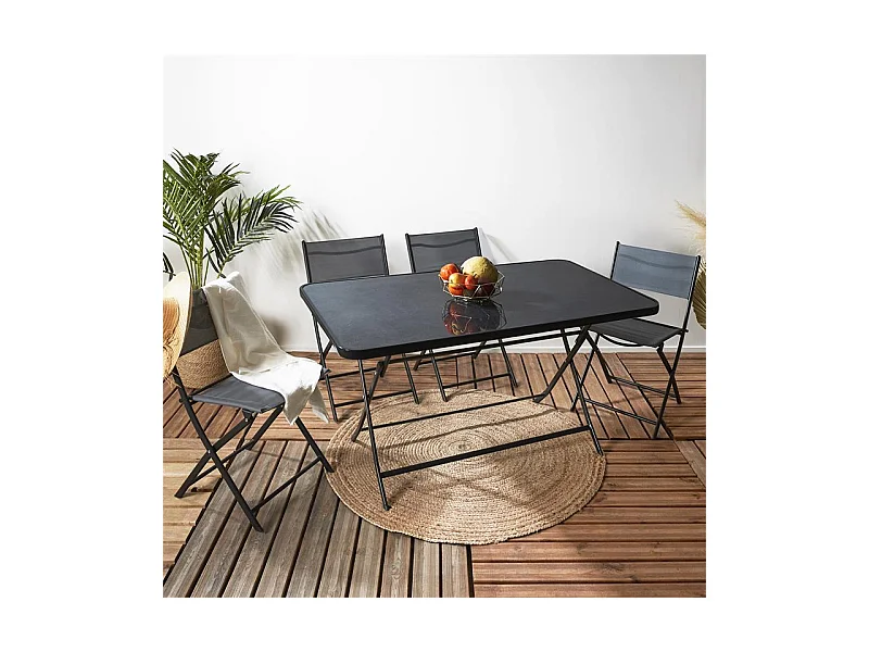 Table Pliante Effet Ardoise 4 Places Gris, Noir