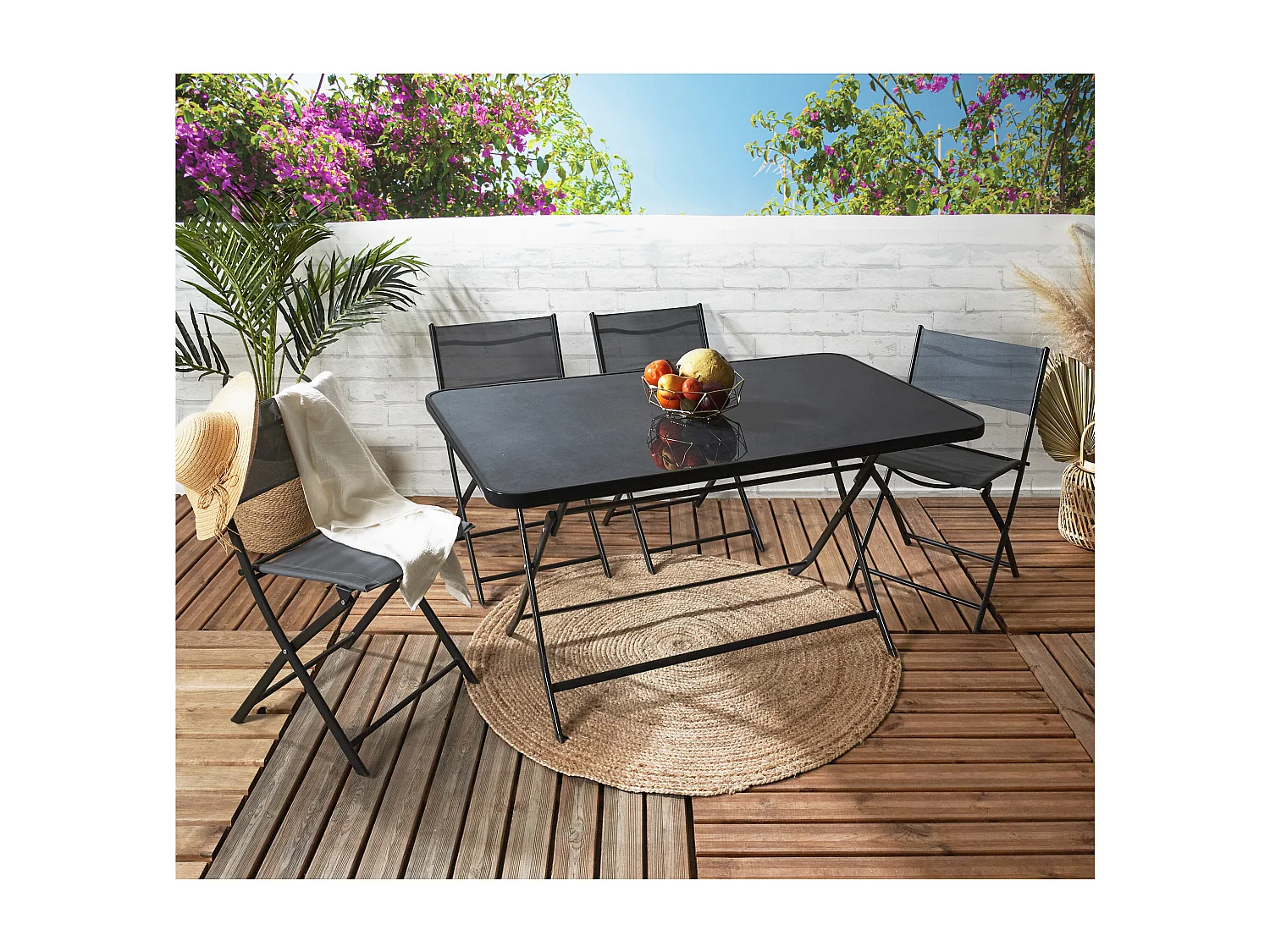 Table Pliante Effet Ardoise 4 Places Gris, Noir