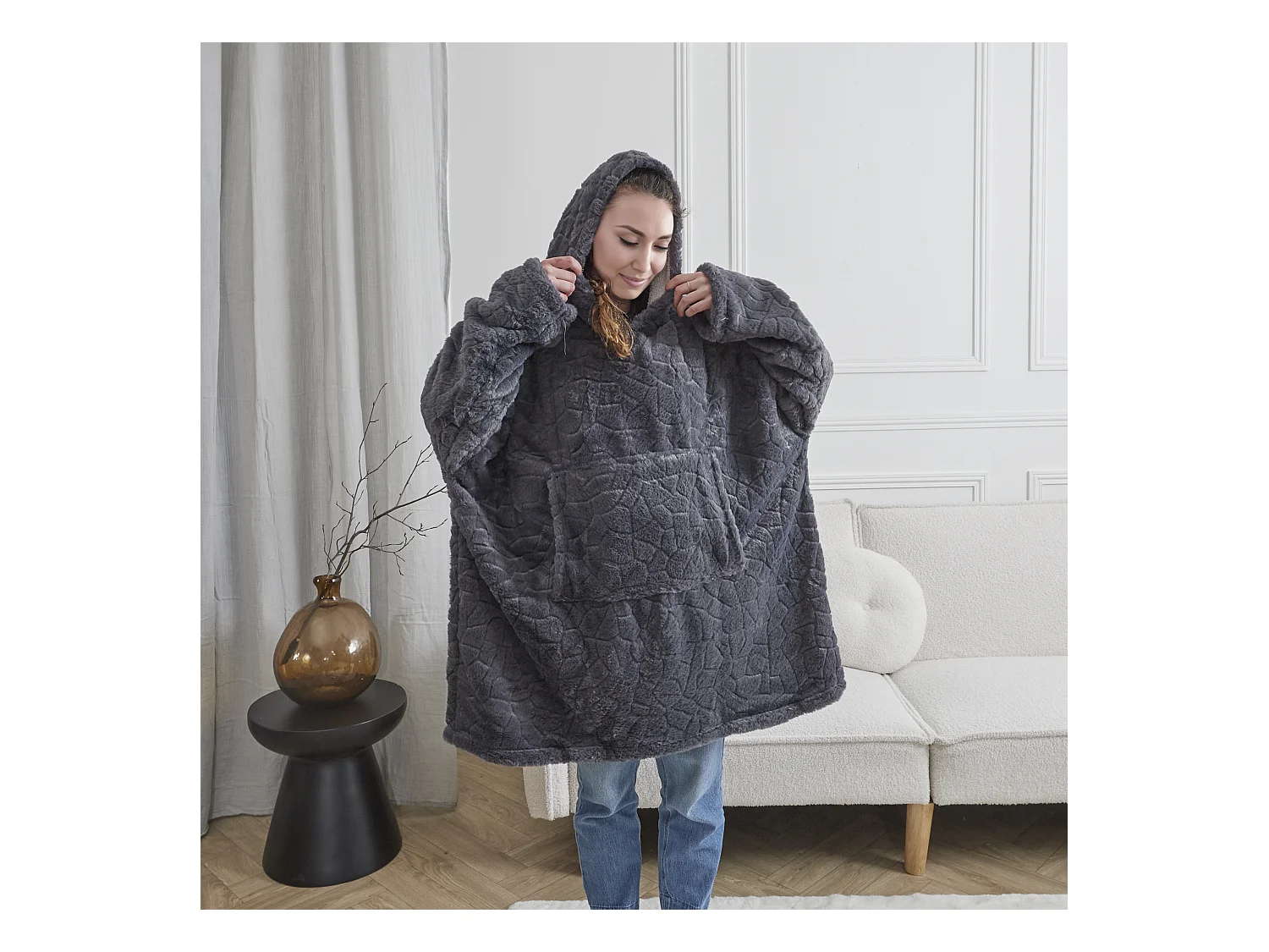 Sweat Plaid Embosse Gris Fonce Gris