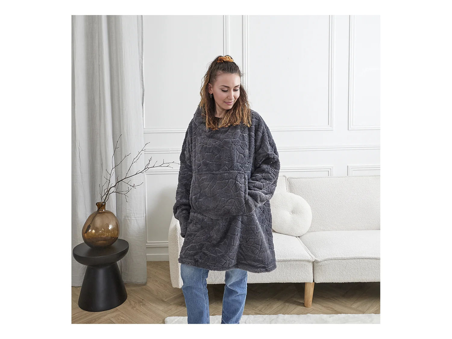 Sweat Plaid Embosse Gris Fonce Gris
