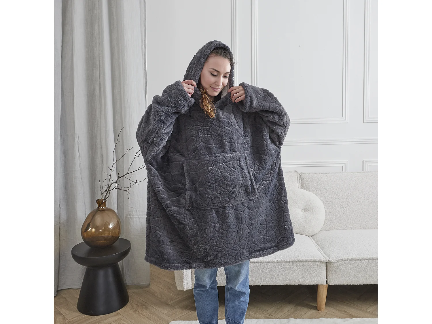 Sweat Plaid Embosse Gris Fonce Gris