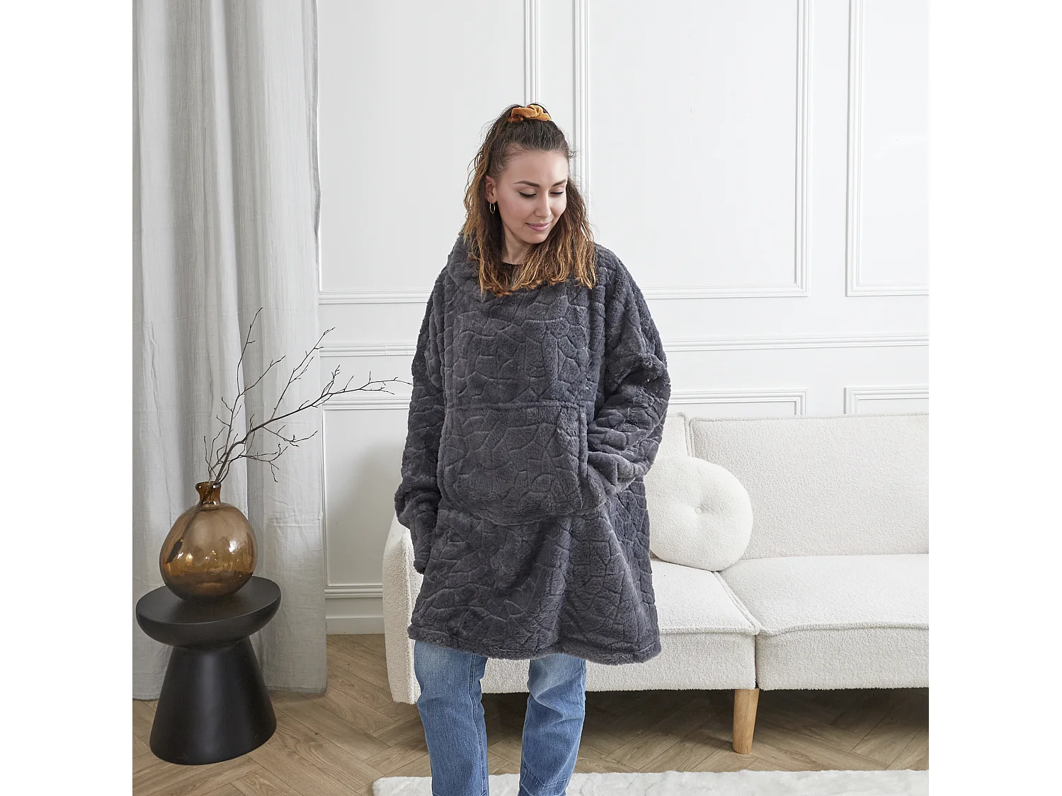 Sweat Plaid Embosse Gris Fonce Gris