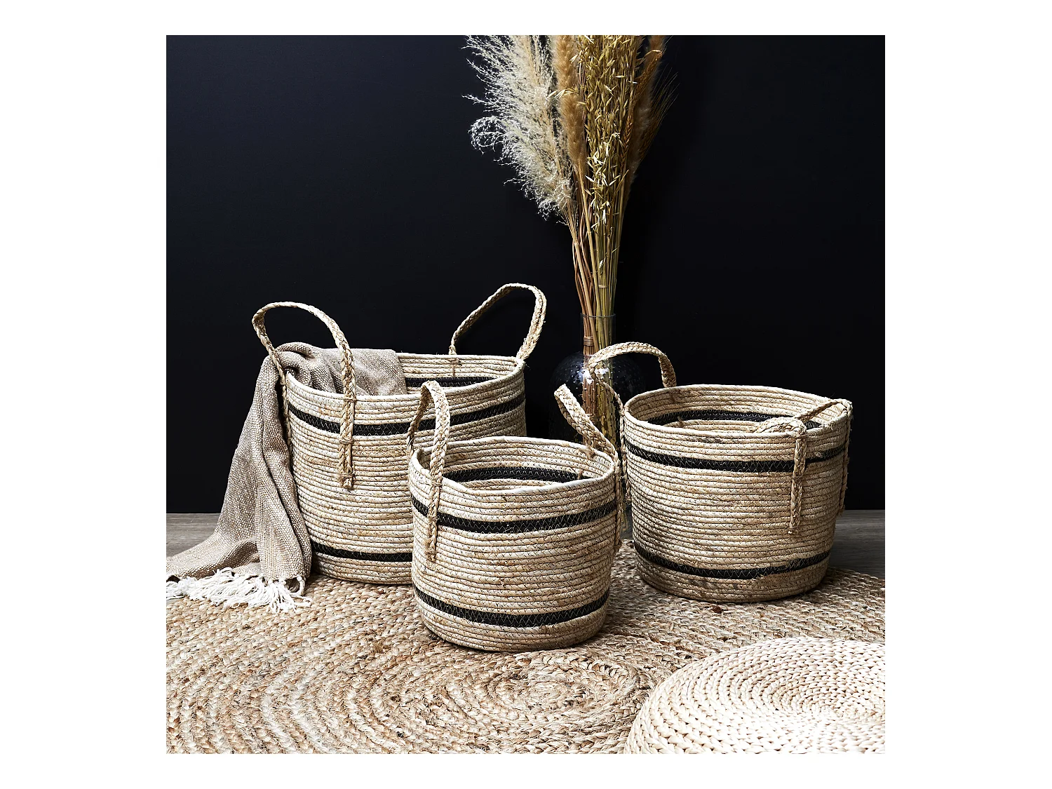 Panier Bicolore Fibre De Mais X3 Marron, Noir