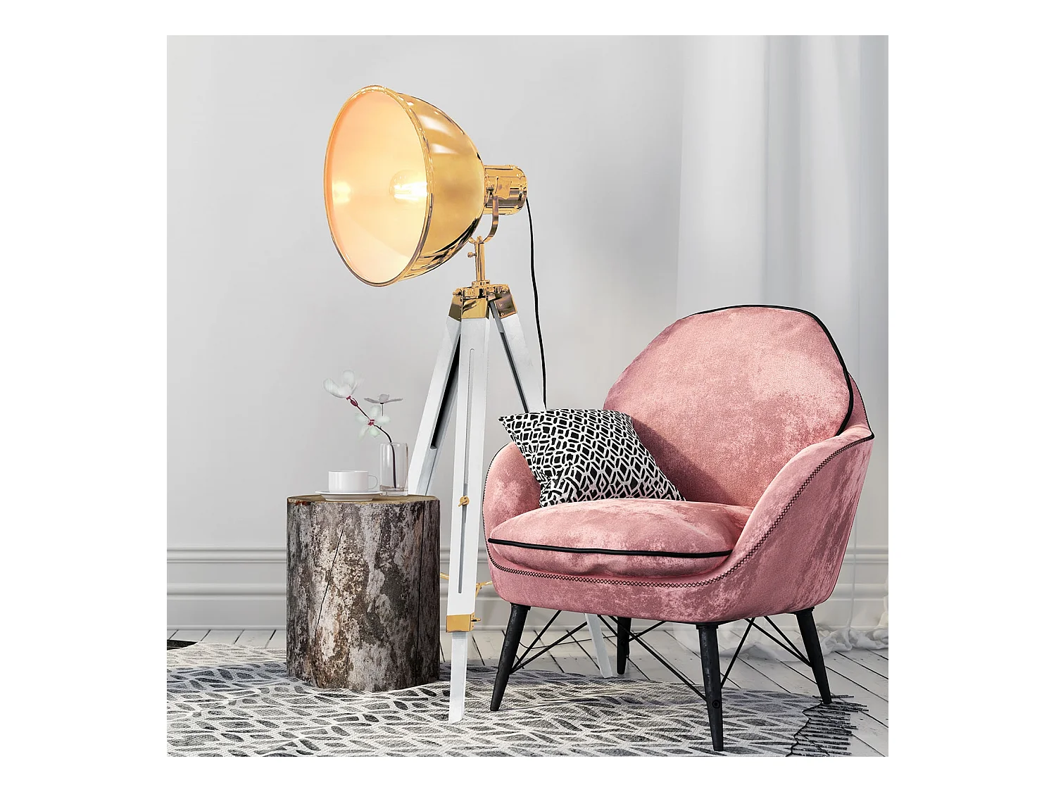 Lampadaire Industriel Dore Trepied Blanc Blanc