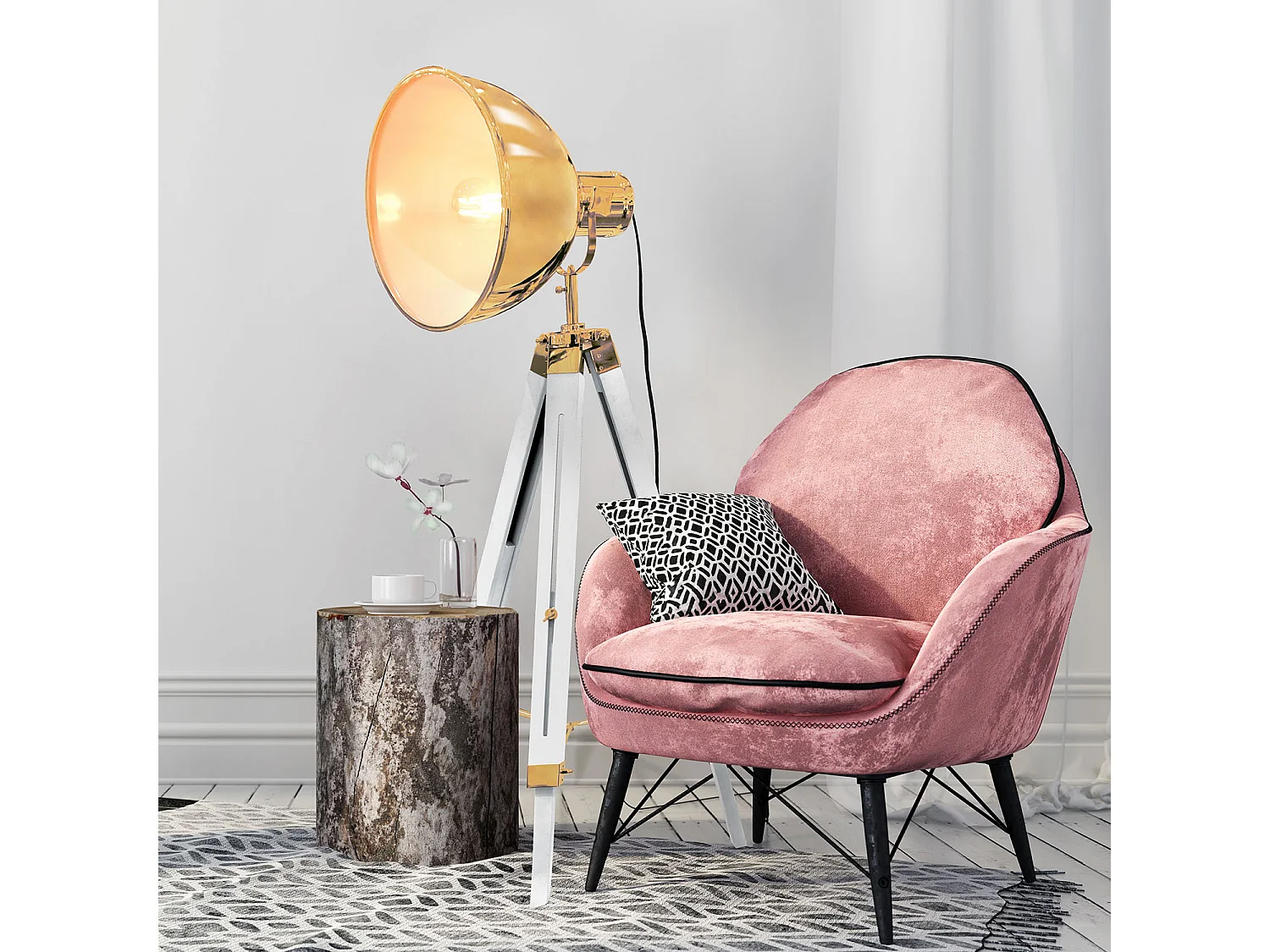 Lampadaire Industriel Dore Trepied Blanc Blanc