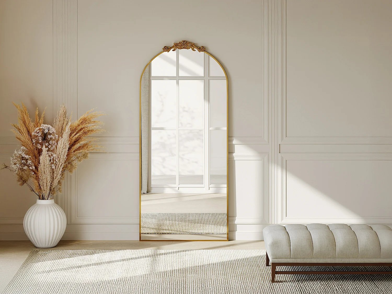 Grand miroir style romantique avec moulure - Métal - L. 80 x H. 180 cm - Doré - INARI