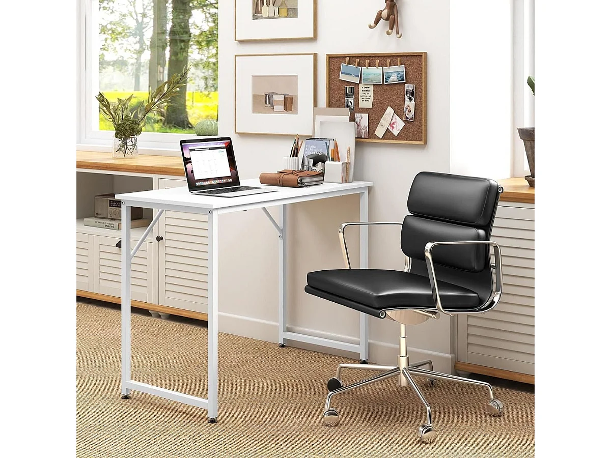 Bureau pour Ordinateur Portable Bureau D'Ecriture avec Cadre en Métal Robuste Bureau avec Repose-pieds Réglables Blanc