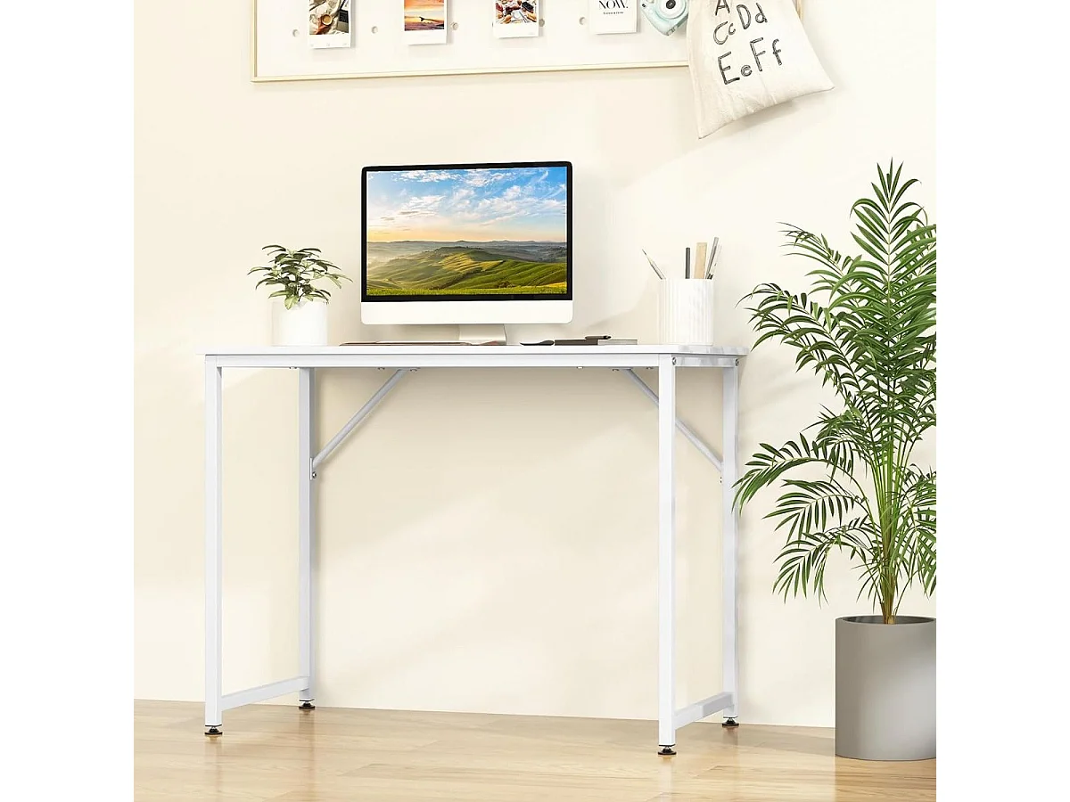 Bureau pour Ordinateur Portable Bureau D'Ecriture avec Cadre en Métal Robuste Bureau avec Repose-pieds Réglables Blanc