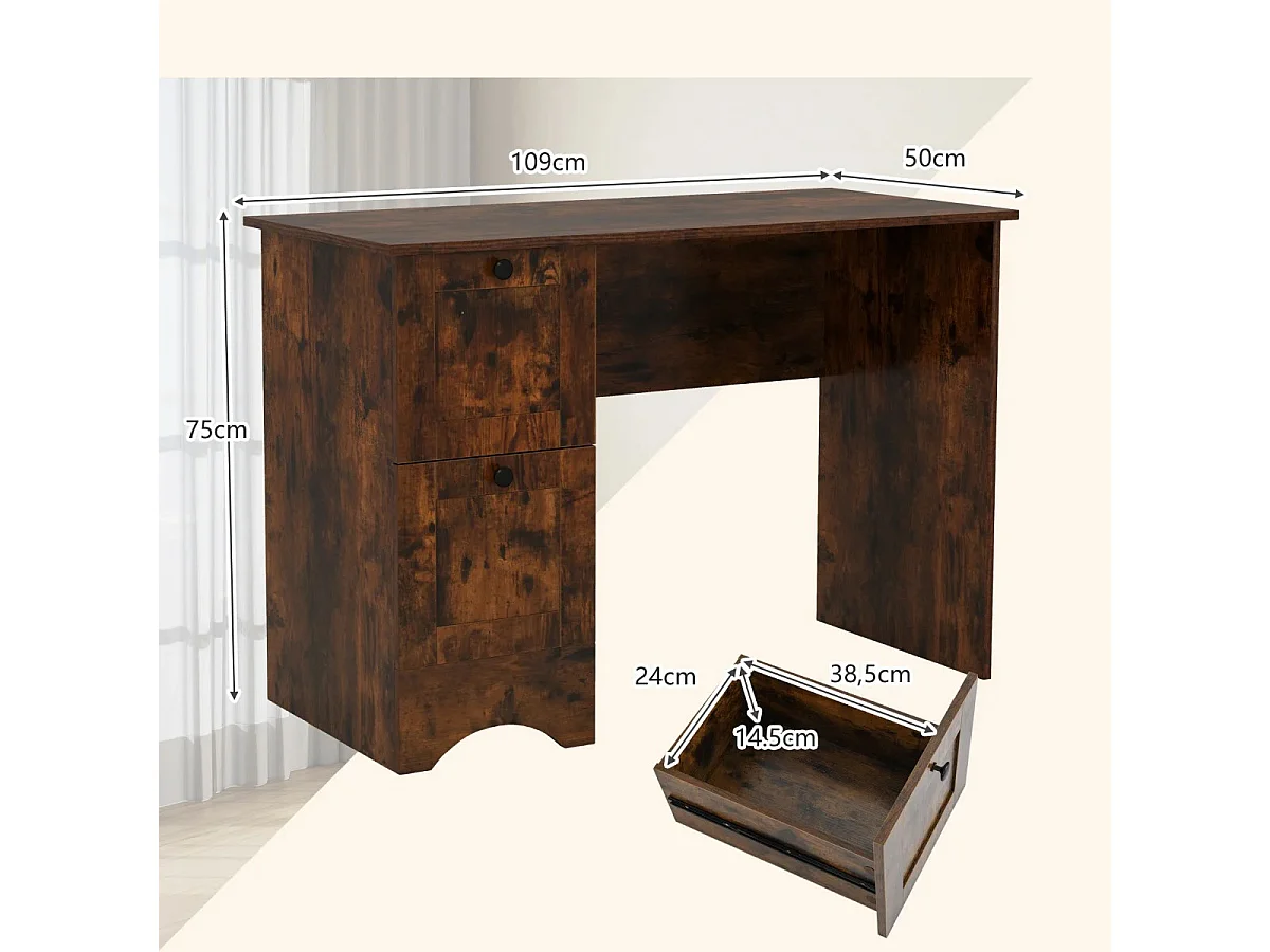 Bureau d'Ordinateur avec 2 Tiroirs Bureau d'Étude Compact pour Ordinateur Portable Station de Travail Multifonctionnelle Brun Rustique