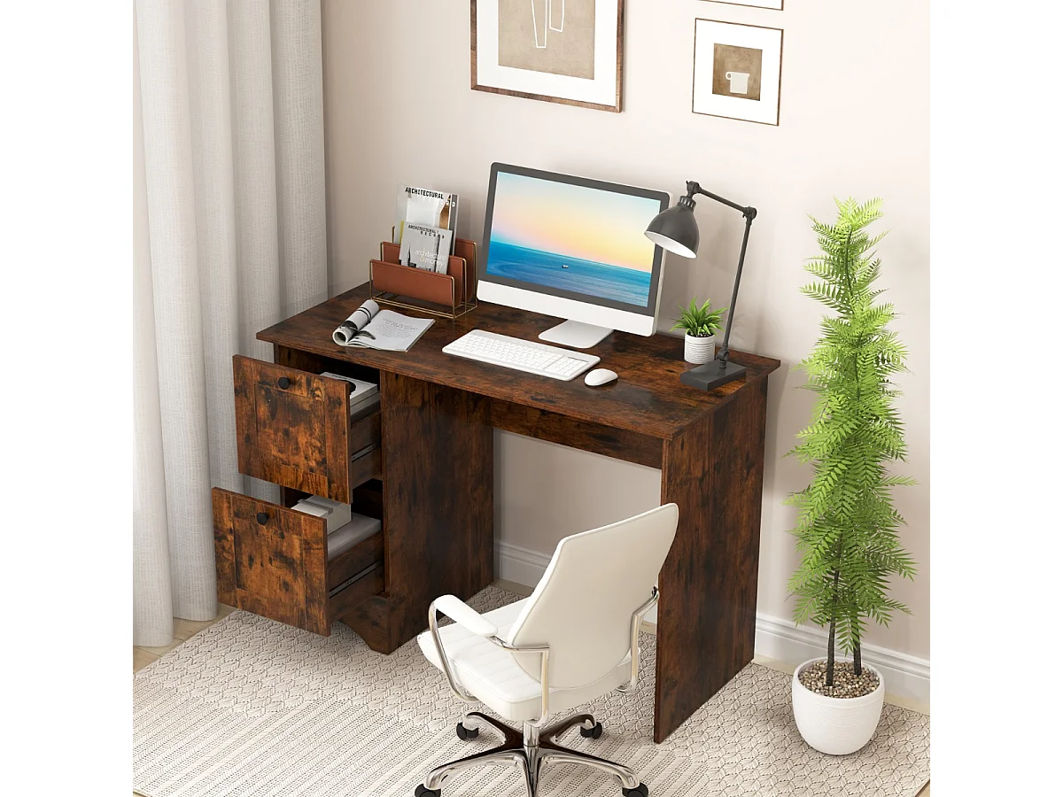 Bureau d'Ordinateur avec 2 Tiroirs Bureau d'Étude Compact pour Ordinateur Portable Station de Travail Multifonctionnelle Brun Rustique