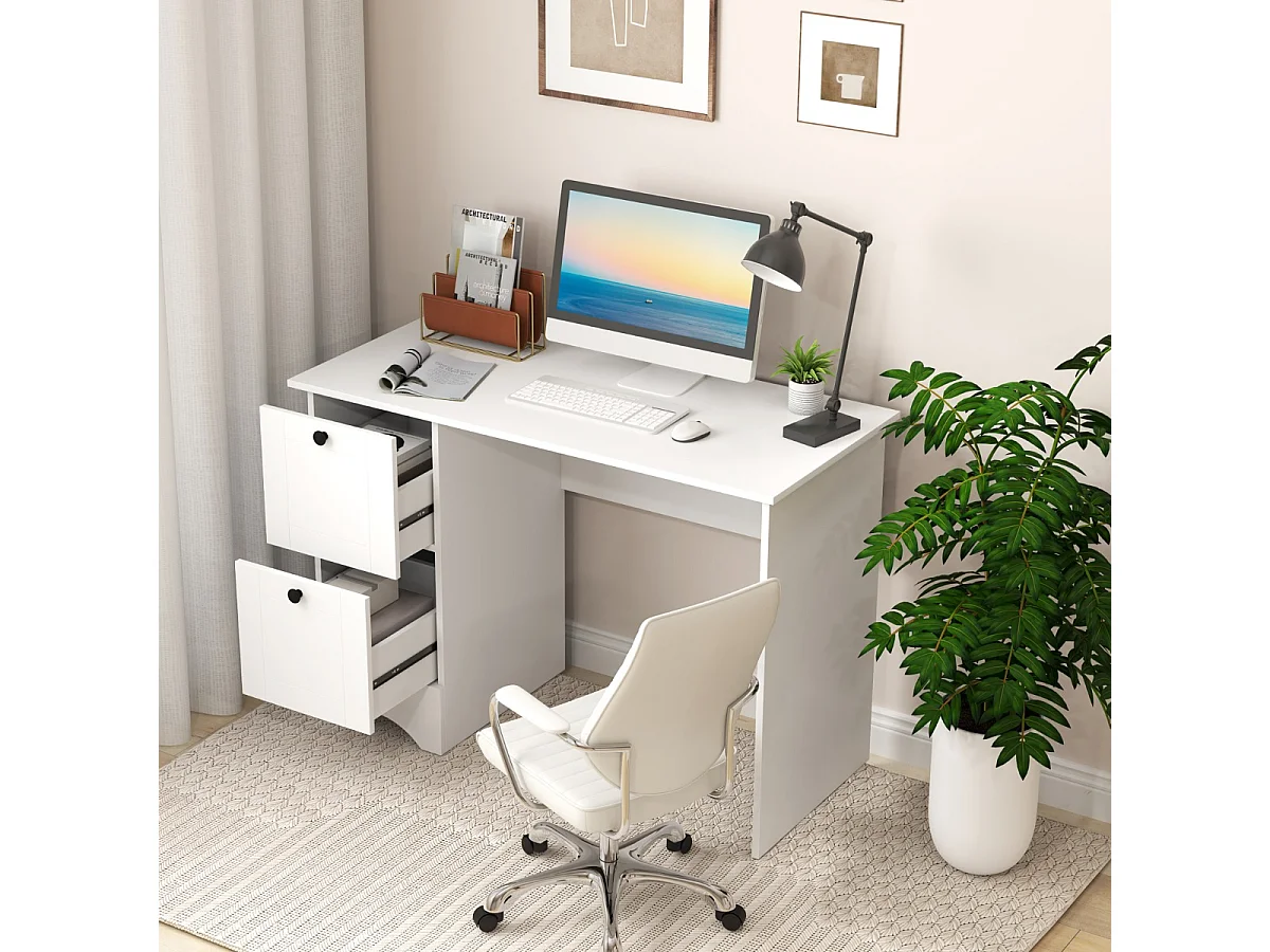 Bureau d'Ordinateur avec 2 Tiroirs Bureau d'Étude Compact pour Ordinateur Portable Station de Travail Multifonctionnelle Blanc