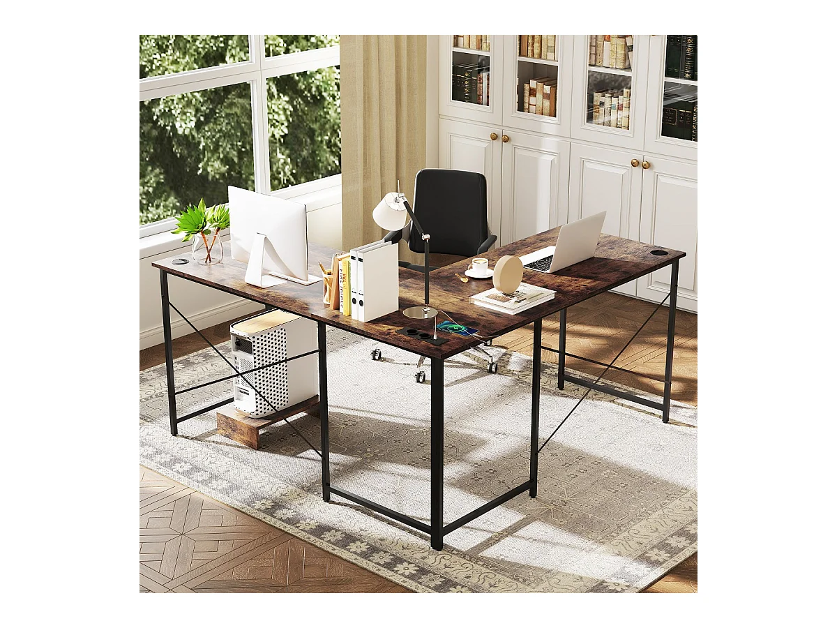 Scrivania ad angolo a forma di L reversibile, Scrivania da 150cm con presa integrata supporto per host rimovibile Marrone