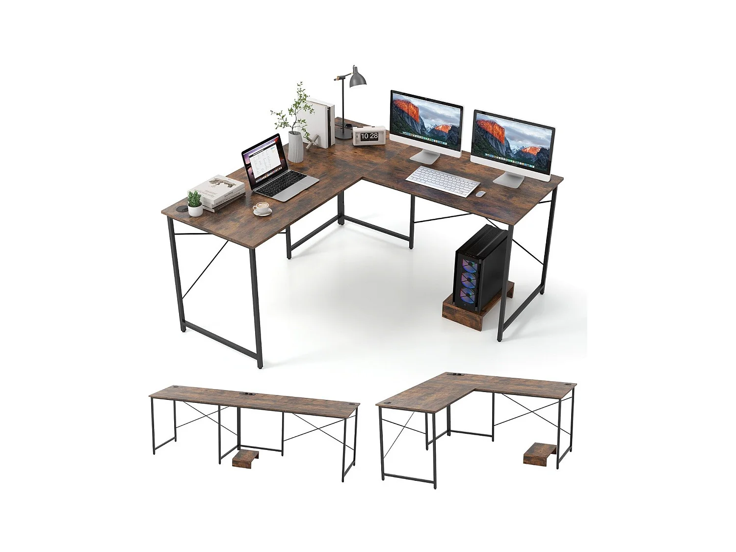 Scrivania ad angolo a forma di L reversibile, Scrivania da 150cm con presa integrata supporto per host rimovibile Marrone