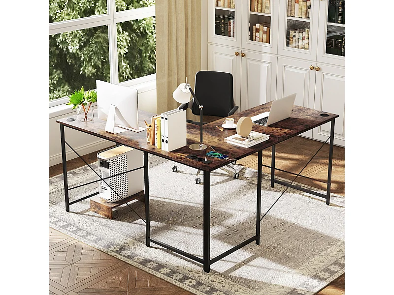 Bureau en Forme de L Réversible de 150 cm avec Prise Intégrée Support Amovible pour Hôte/Écran Trous de Gestion des Câbles Marron Rustique