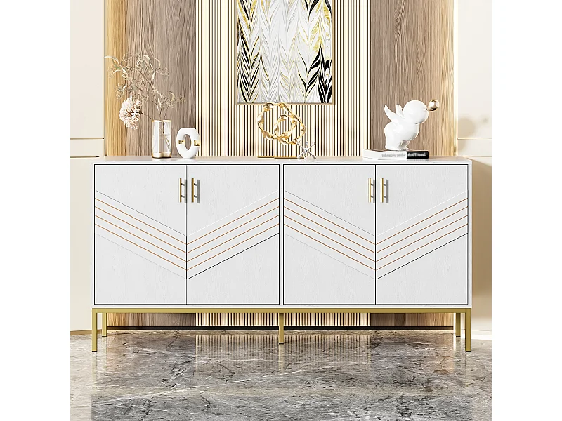 Buffet moderne à 4 portes pour salon - 160 x 40 x 80.5 cm - avec pieds en métal + étagères réglables - MDF - blanc