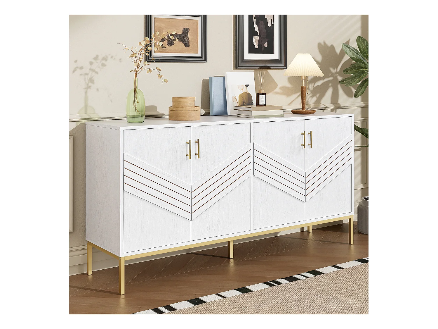 Buffet moderne à 4 portes pour salon - 160 x 40 x 80.5 cm - avec pieds en métal + étagères réglables - MDF - blanc