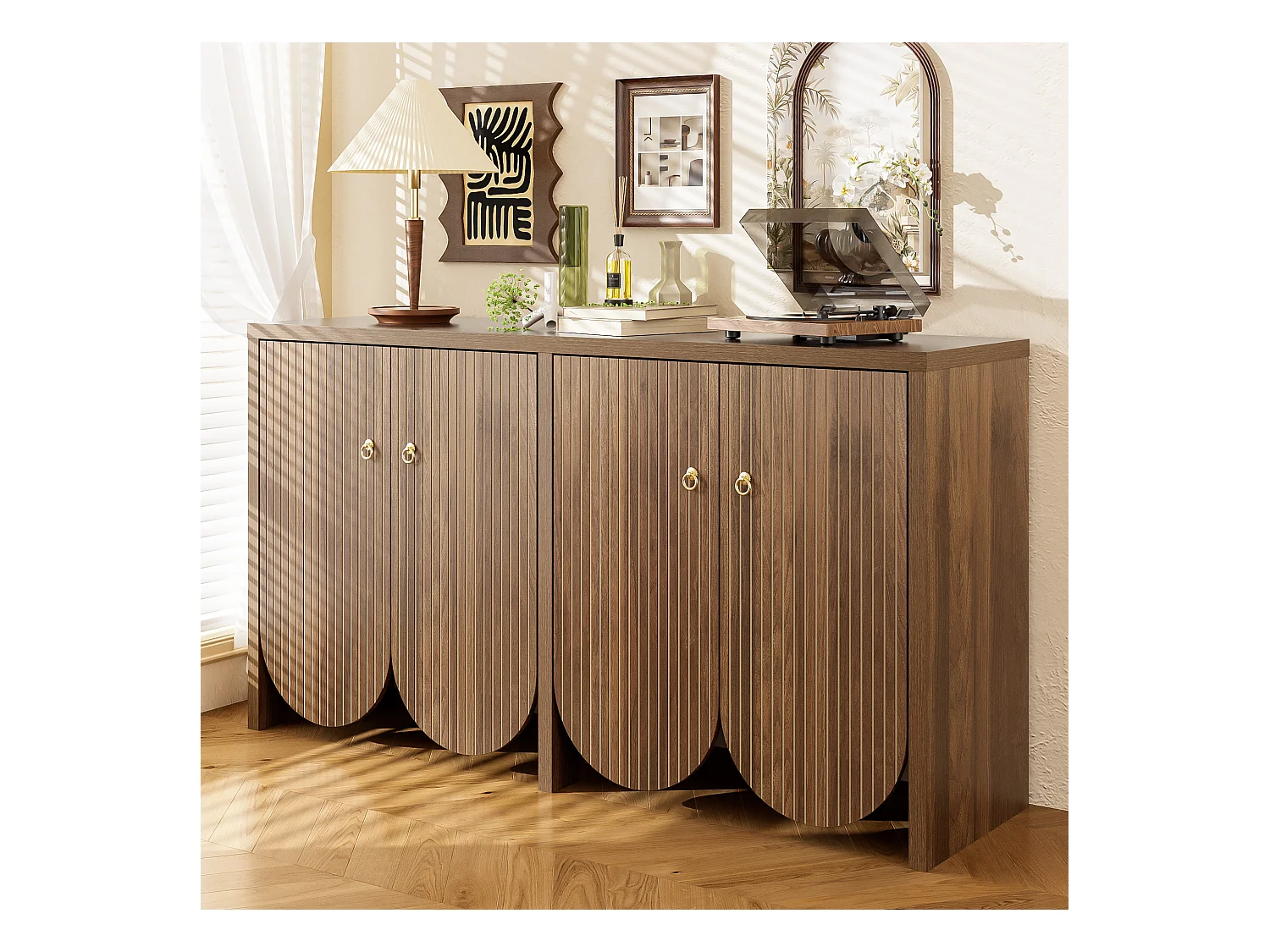 Elegancka komoda w kolorze orzecha włoskiego - 147 x 40 x 80 cm - z 4 drzwiami + regulowane półki - MDF - naturalny