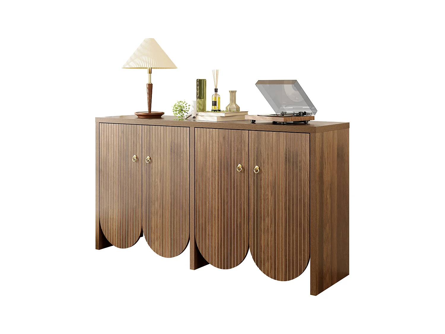 Elegancka komoda w kolorze orzecha włoskiego - 147 x 40 x 80 cm - z 4 drzwiami + regulowane półki - MDF - naturalny