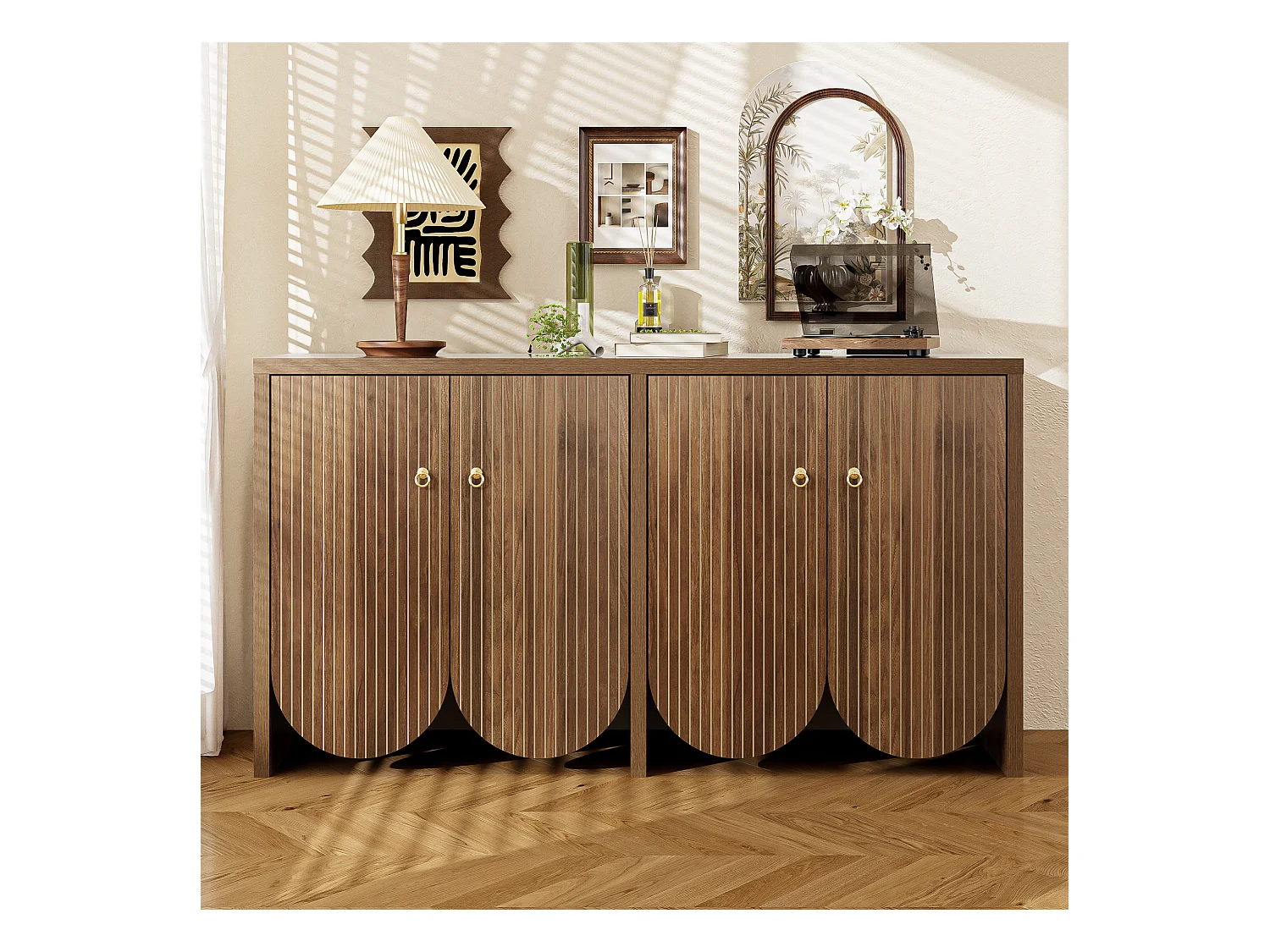 Elegancka komoda w kolorze orzecha włoskiego - 147 x 40 x 80 cm - z 4 drzwiami + regulowane półki - MDF - naturalny