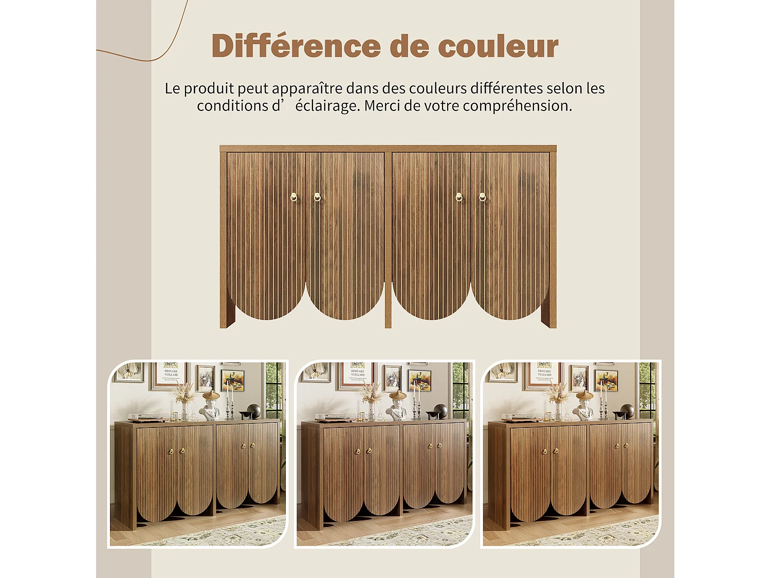 Elegancka komoda w kolorze orzecha włoskiego - 147 x 40 x 80 cm - z 4 drzwiami + regulowane półki - MDF - naturalny