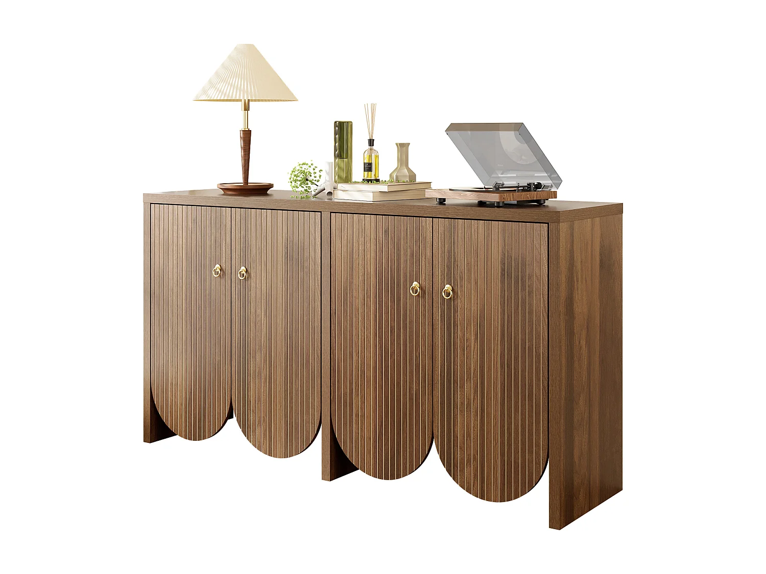 Buffet élégant aspect noyer - 147 x 40 x 80 cm - avec 4 portes + étagères réglables - MDF - naturel