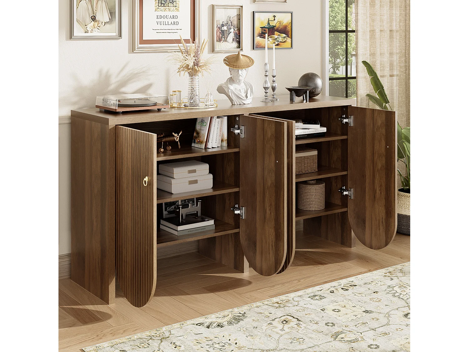 Buffet élégant aspect noyer - 147 x 40 x 80 cm - avec 4 portes + étagères réglables - MDF - naturel